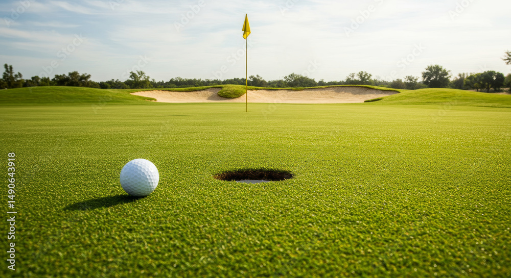 Obraz premium Golf Ball on Green Near Hole - A golf ball rests on a lush green putting green, a short distance from the hole. The sand bunker and flag are visible in the background