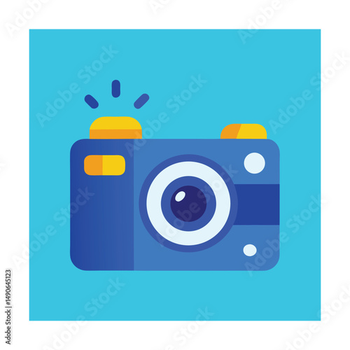 Blue Compact Digital Camera with Flash Flat Design photo