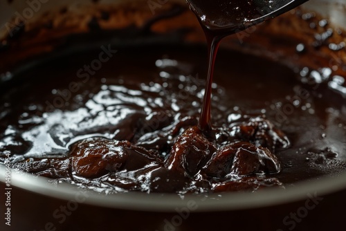 ction shot of black vinegar pork stir fry with sauce drizzle and steam rising