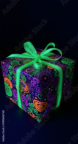 A brightly wrapped gift box with green ribbon under black light glow effect