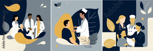 Set flat vector illustration of a doctor pediatrician advising a patient in a modern medical facility. The scene of the medical consultation. It is ideal for projects related to healthcare, medicine, 