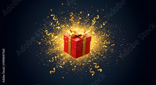 A red gift box with gold ribbon surrounded by golden confetti pieces