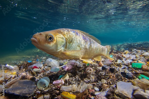 Low-angle view of A dead fish floating in a polluted river with plastic waste around.