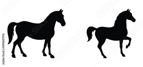 Horses, silhouettes, equestrian, equine, galloping, Three black silhouettes of horses running on a white background. Perfect for themes related to horse racing, equestrian, and equine. animals, mammal