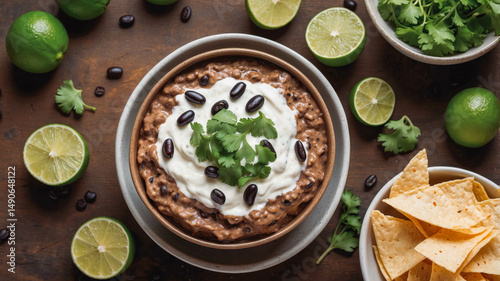 Vibrant Black Bean Dip with Sour Cream and Lime: A Delicious Vegetarian Snack and Appetizer with Fresh Tortilla Chips Garnish in Rustic Food Styling - Top View