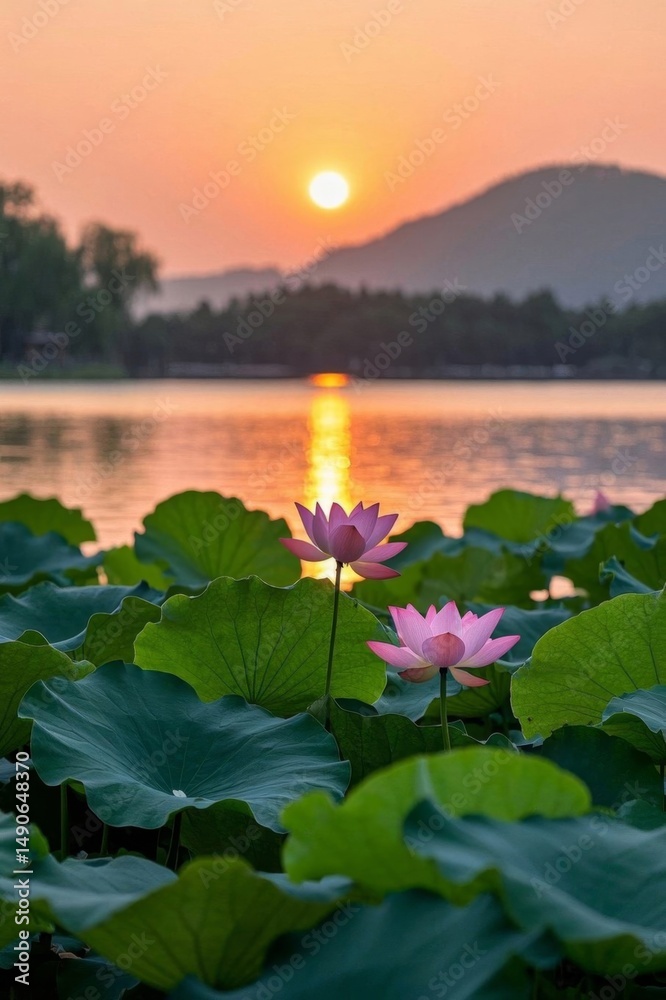 Fototapeta premium there are two pink flowers in the middle of a field