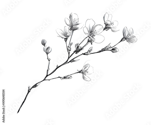 Cherry blossom branch design for greeting card or decoration, cut out transparent