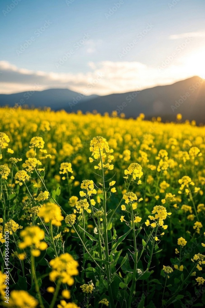 Obraz premium a close up of a field of yellow flowers with the sun setting in the background