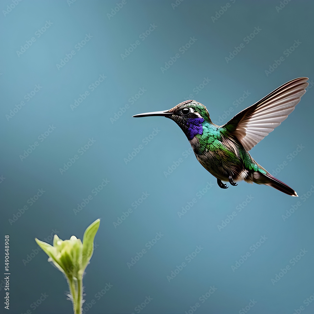 Fototapeta premium A vibrant hummingbird with a striking purple throat and emerald green plumage hovers near a budding flower against a soft blue backdrop