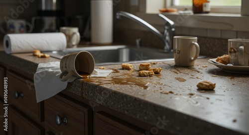 Kitchen Chaos: Spilled Coffee and Crumbs - A messy kitchen scene with spilled coffee, crumbs, and a paper towel roll. Symbolizing: clumsiness, mishap, unexpected events, the need for cleanup photo