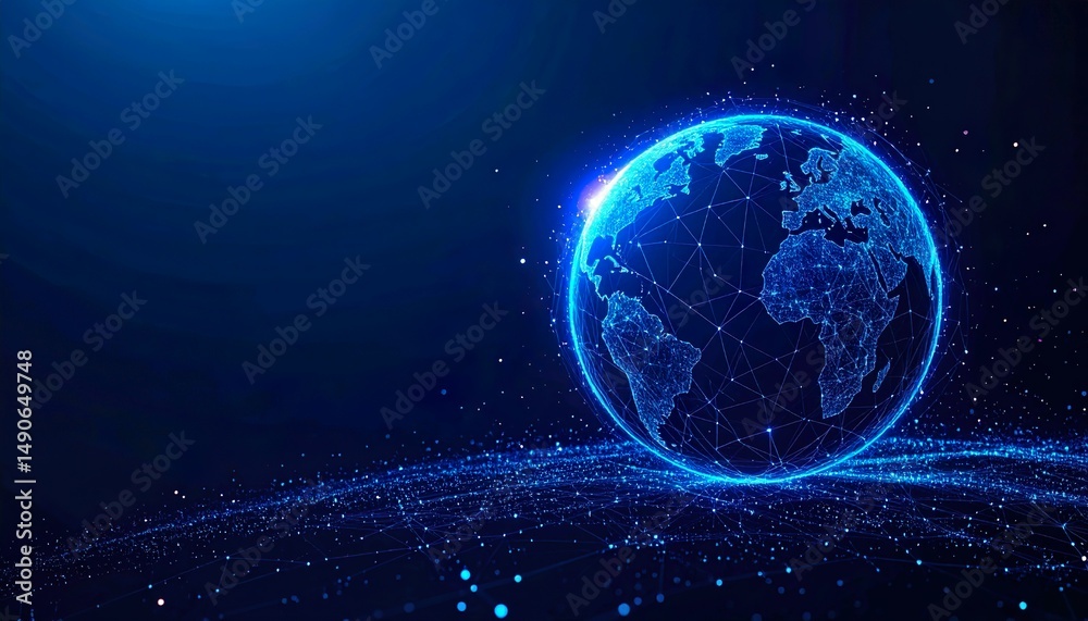 Obraz premium Futuristic Polygonal Wireframe Globe with Glowing Neon Light and Holographic Aura on Dark Background