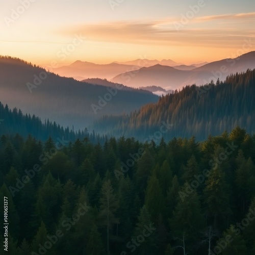 Ethereal sunset paints the forest with dreamy gradient hues, as soft light filters through the mountain trees in this abstract nature background, evoking a sense of tranquil serenity.