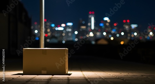 Cardboard box sits outdoors at night with city lights in the distance