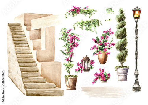 Stone staircase up, decorated with plants and flowers, architectural element of the patio set. Hand drawn watercolor illustration, isolated on white background