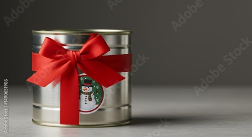 A metal can wrapped with a red bow and a snowman sticker on the front