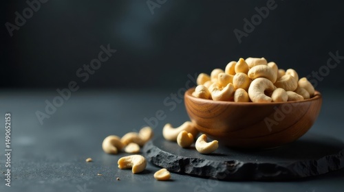 A wooden bowl overflowing with roasted cashews, a healthy snack, sits on a dark stone surface with a few scattered nuts nearby, creating a visually appealing and appetizing image.