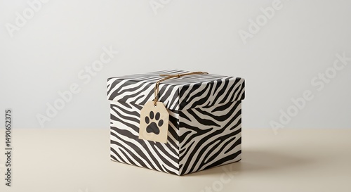 Zebra patterned gift box with a paw print tag on a neutral surface