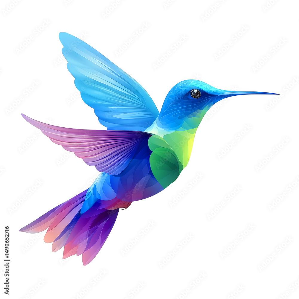 Fototapeta premium Colorful, stylized hummingbird with vibrant blue, green, purple, and pink feathers, depicted mid flight with detailed wing