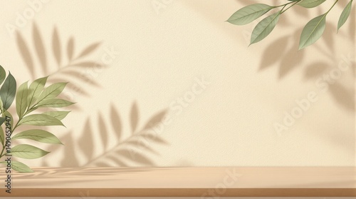 Wooden table and beige background with leaves