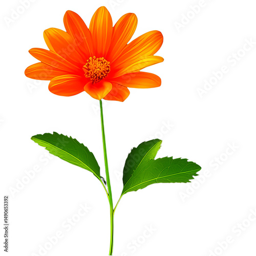 Vibrant orange flower with green leaves and yellow center, isolated transparent background, showcasing natural beauty