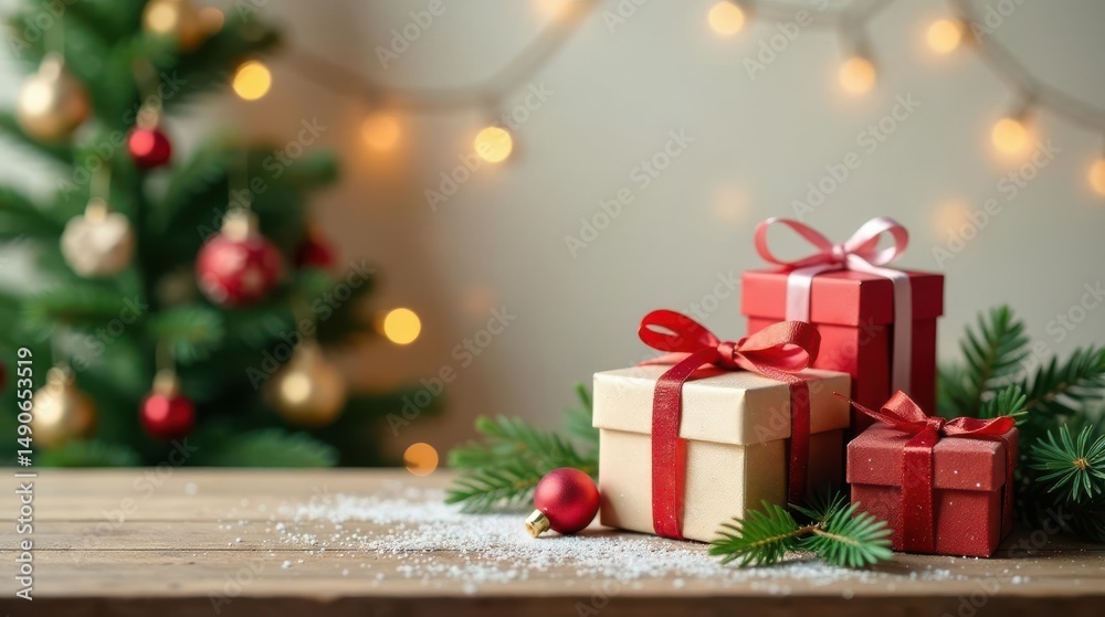 Obraz premium Festive Presents on Wooden Table with Decorated Christmas Tree in Soft Focus Background