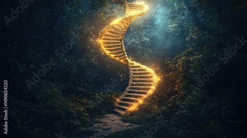 Mystical Stairway to Heaven in Dark Forest Glowing Spiritual Path to Enlightenment Fantasy Scene Dreamy Journey