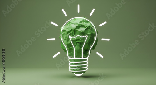 Dark Green Idea: Hand-Drawn Lightbulb on Crumpled Green Paper Against Dark Background. Symbolizing Sustainable Innovation & Eco Solutions
