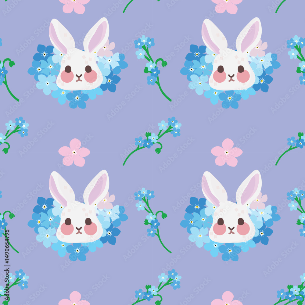 Fototapeta premium Rabbit in the flower garden fabric pattern