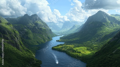 Serene River Valley Surrounded by Majestic Mountains Under a Clear Blue Sky