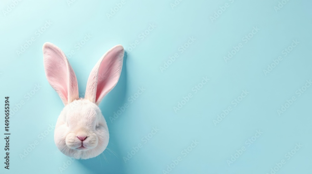 Obraz premium Serene White Bunny Head Against a Light Blue Background, Perfect for Springtime Designs and Projects