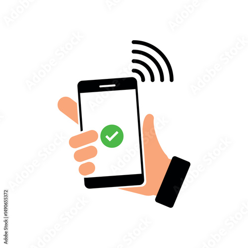 Mobile Payment Success Hand Holding Phone with Checkmark Indicating Successful NFC Transaction