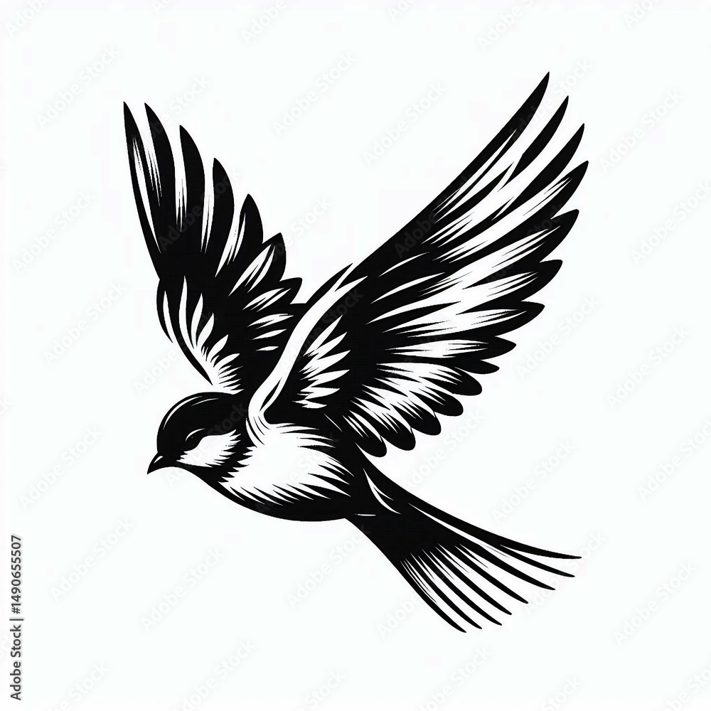 Obraz premium Soaring Spirit Bird in Flight Black and White Illustration