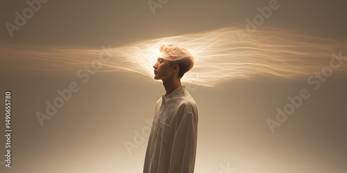 Inner Radiance: A person stands illuminated, ethereal light surrounding the head. Evoking feelings of enlightenment and introspection.
