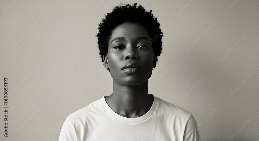 Obraz premium Confident Black Woman in White TShirt Studio Portrait Black and White Minimalist Photography