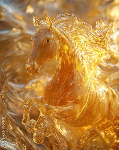 Majestic Glass Horse Sculpture in Shimmering Golden Background