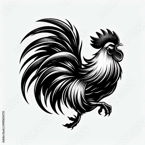 Monochrome Rooster Strut Bold Engraved Style