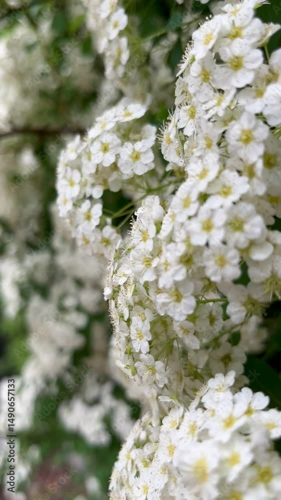 Lush white inflorescences of Spiraea adorn green foliage, creating an atmosphere of lightness and freshness. Delicate flowers harmoniously fit into the garden landscape, attracting the eye with their Lush white inflorescences of Spiraea adorn green foliage, creating an atmosphere of lightness and freshness. Delicate flowers harmoniously fit into the garden landscape, attracting the eye with their