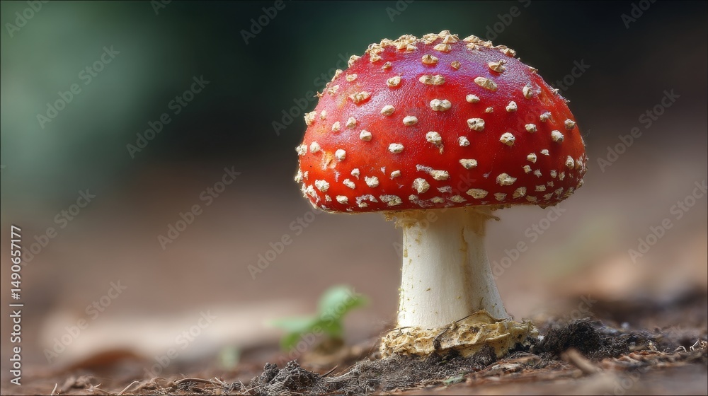 Obraz premium Bright red Amanita muscaria mushroom with white spots growing in forest moss, symbol of wild nature, toxic fungi, autumn season, fairytale forest floor, biodiversity, and ecological ecosystem concept