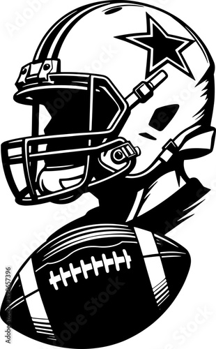 Black and white illustration of a football helmet and ball