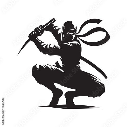 ninja silhouette, editable vector image