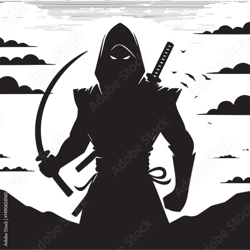 ninja silhouette, editable vector image