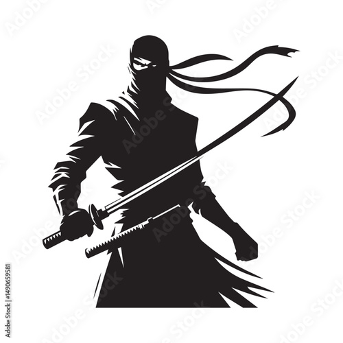 ninja silhouette, editable vector image