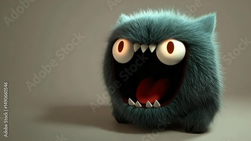 A furry, teal creature with wide-open mouth, sharp teeth, and glowing eyes against a neutral backdrop