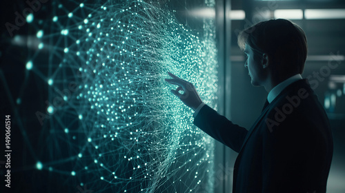 a business executive interacting with a large digital interface displaying a complex network of glowing, interconnected nodes, suggesting advanced data analysis or artificial intelligence visualizatio