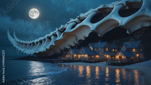 Coastal Village Under Giant Skeleton at Night with Full Moon Glow