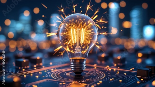 A bright, glowing light bulb shines like a star in the dark night, a colorful explosion of energy and light