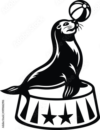 A cute seal balancing a ball and sitting a circus pedestal line art vector graphics design, seal balancing a ball and sitting a circus pedestal silhouette vector illustration design