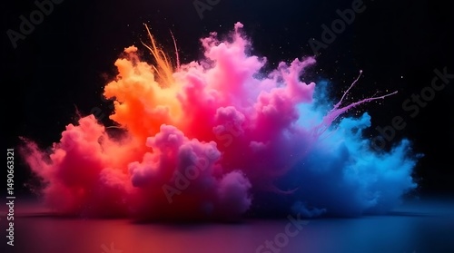 Explosive fire and smoke paint the night sky with abstract light and vibrant color, like hot steam against the dark texture of nature's weather