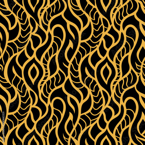 Abstract golden leaf vector pattern on black background in seamless design  