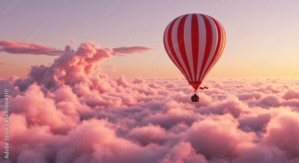 Naklejka premium Red and White Striped Hot Air Balloon Over Pink Cloudscape - A red and white striped hot air balloon floats serenely above a breathtaking expanse of pink clouds at sunset. Symbolizing adventure